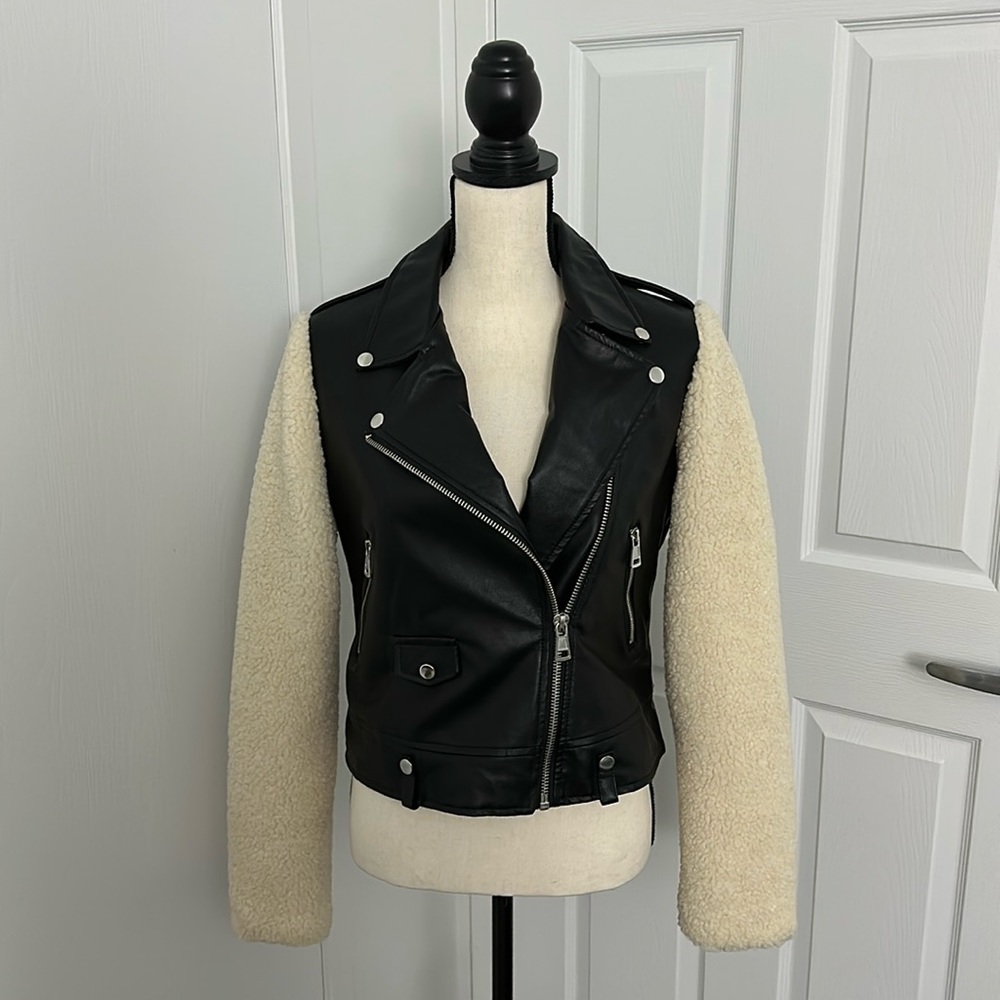 Faux Leather Jacket with Shearling Sleeves